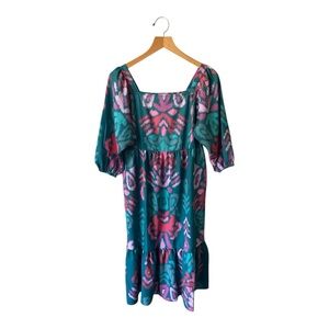 Michelle McDowell Taylor Dress Teal Square Neck Balloon Sleeve Midi Peasant Sz S